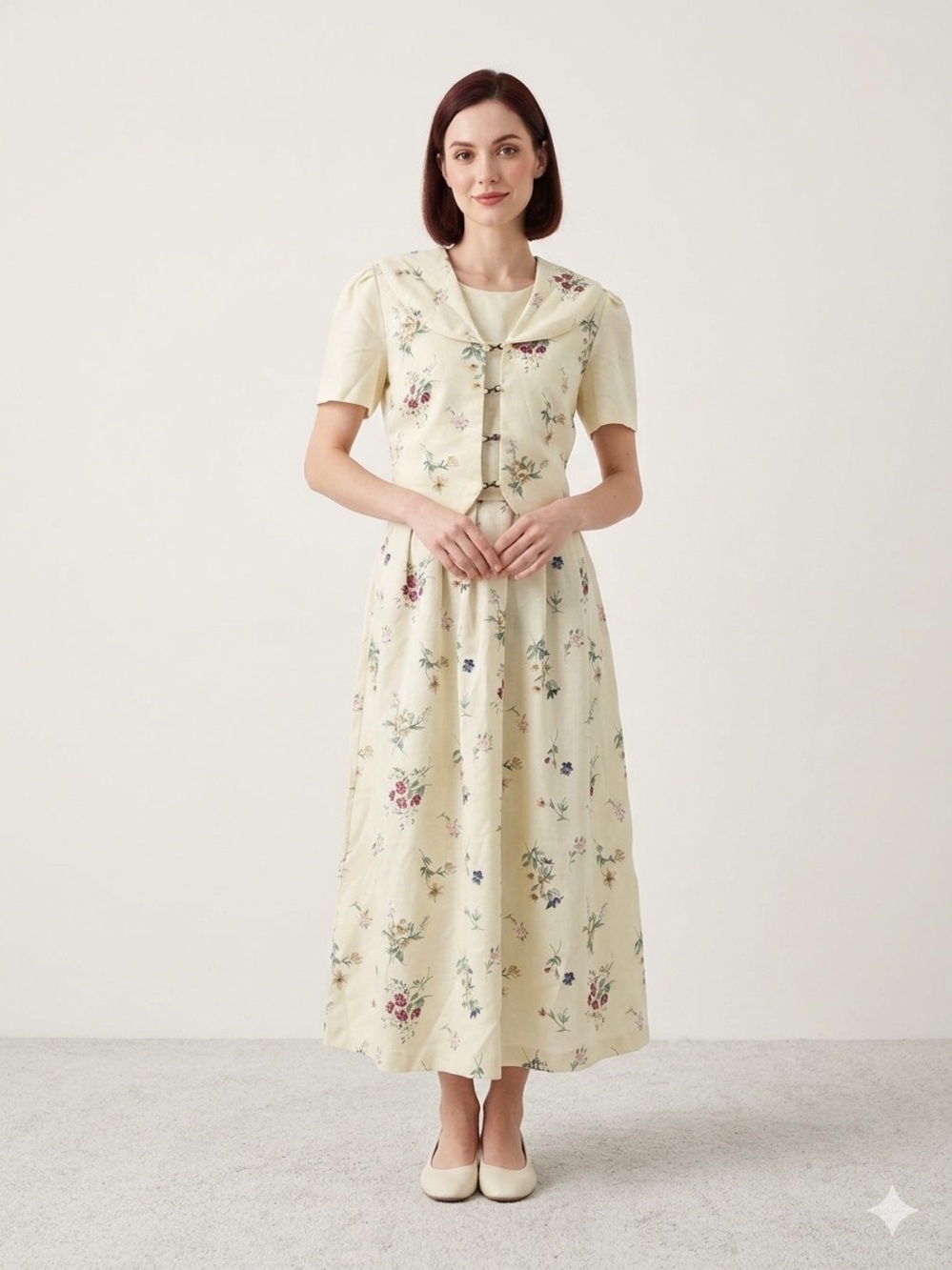 Vintage Cottage core Floral Periwinkle Midi Size 16 Woman’s Dress Made In USA
